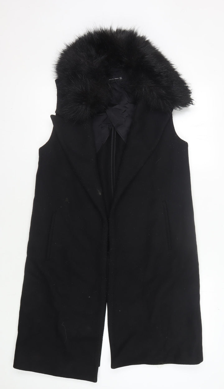 Zara Woman Black Fur Trim Long Coat, Size S