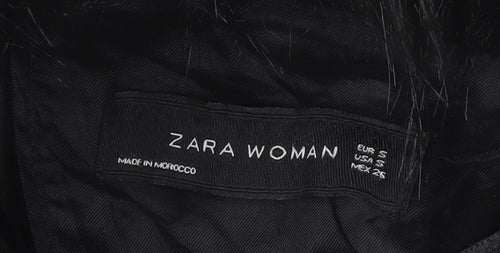 Zara Woman Black Fur Trim Long Coat, Size S