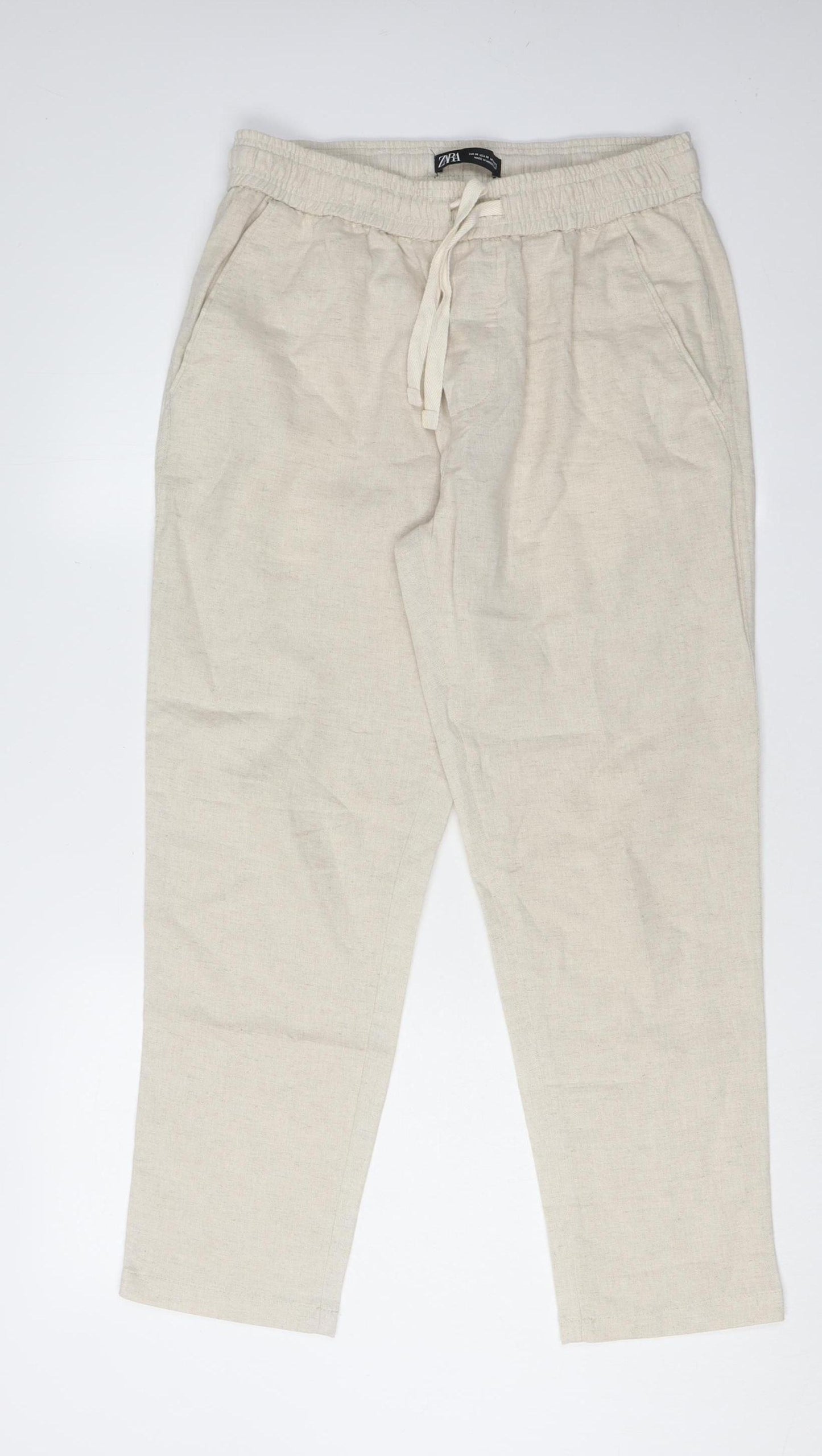 Zara Women's Beige Jogger Trousers, M, Cotton/Linen Blend
