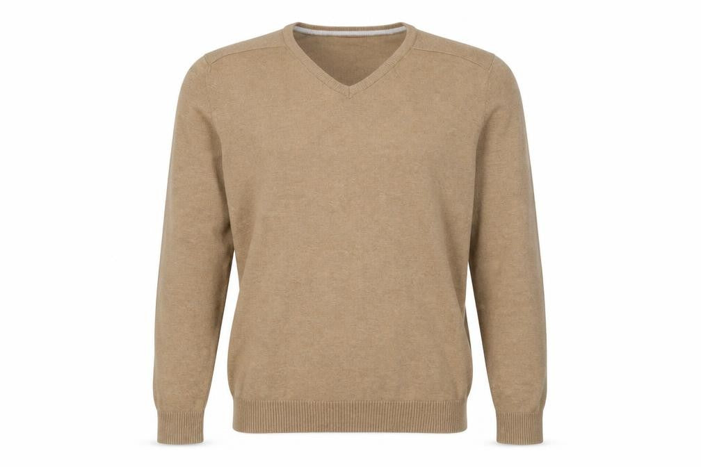 Front view of Studio-W Men's Beige V-Neck jumper, size M