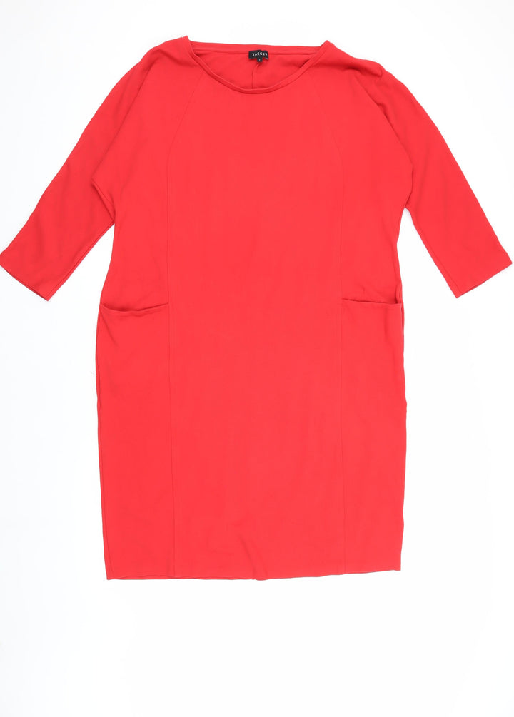 Jaeger Women's Red Knit Dress L - 3/4 Sleeve, Round Neck