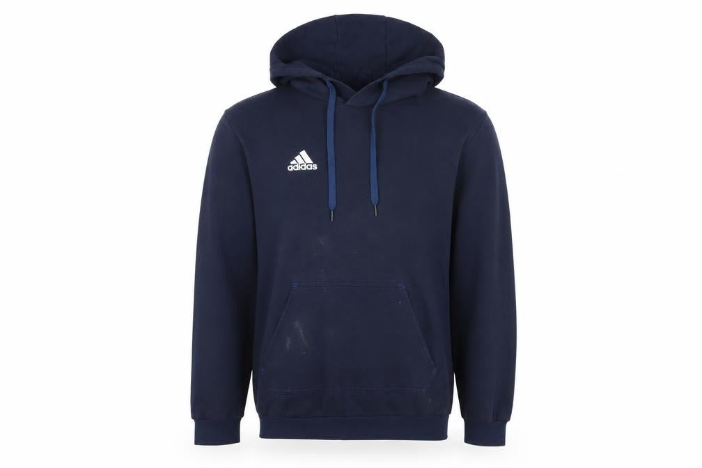 Front view of Adidas unisex blue pullover hoodie m logo classic