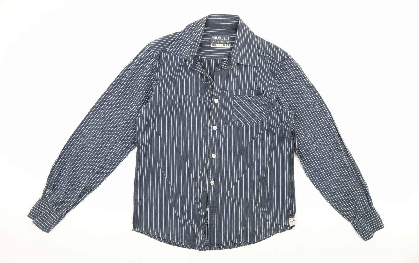 SoulCal & Co Men's Blue Striped Long Sleeve Shirt L
