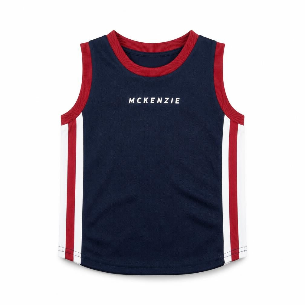 Front view of McKenzie boys’ blue tank top 2-3 years sleeveless jersey