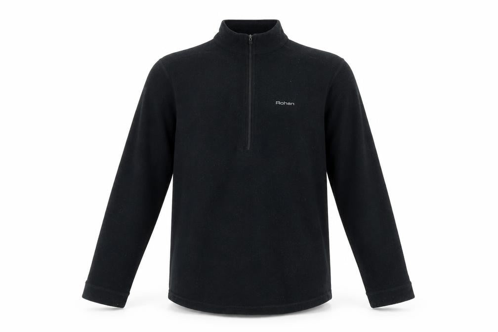 Front view of Rohan unisex kids black sweatshirt l full zip moisture wicking