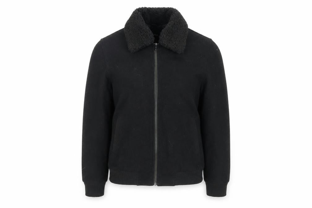 Front view of ASOS unisex black wool bomber jacket, size S, full zip