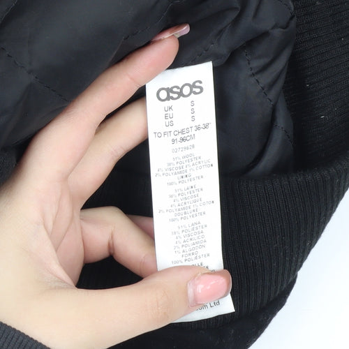 ASOS Unisex Black Wool Bomber Jacket, Size S, Full Zip