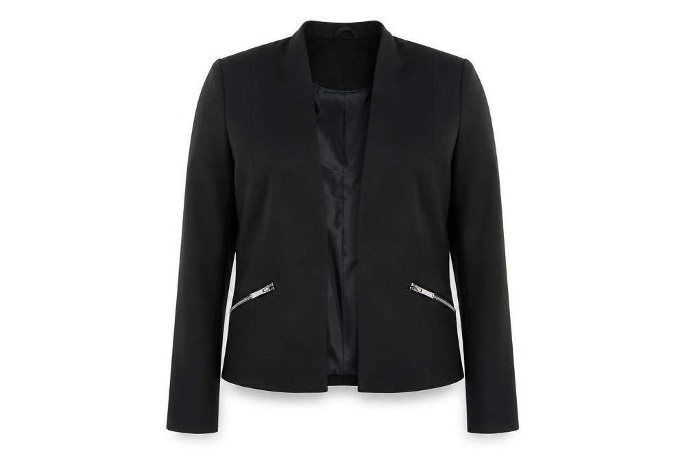 Front view of M&Co Women's Black Blazer, size 10, Regular Fit