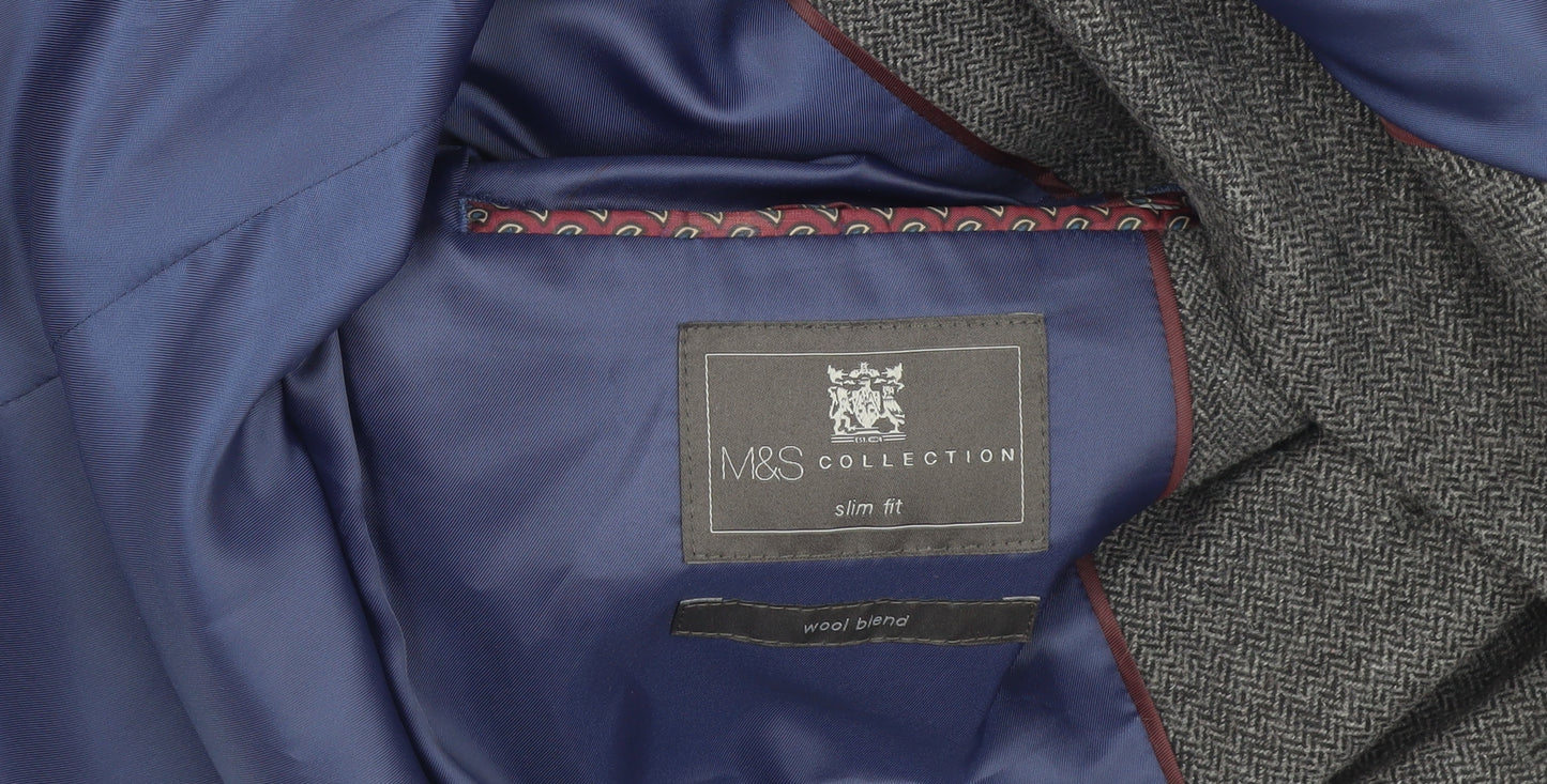 M&S Men's Grey Slim Fit Blazer Herringbone 42 Jacket
