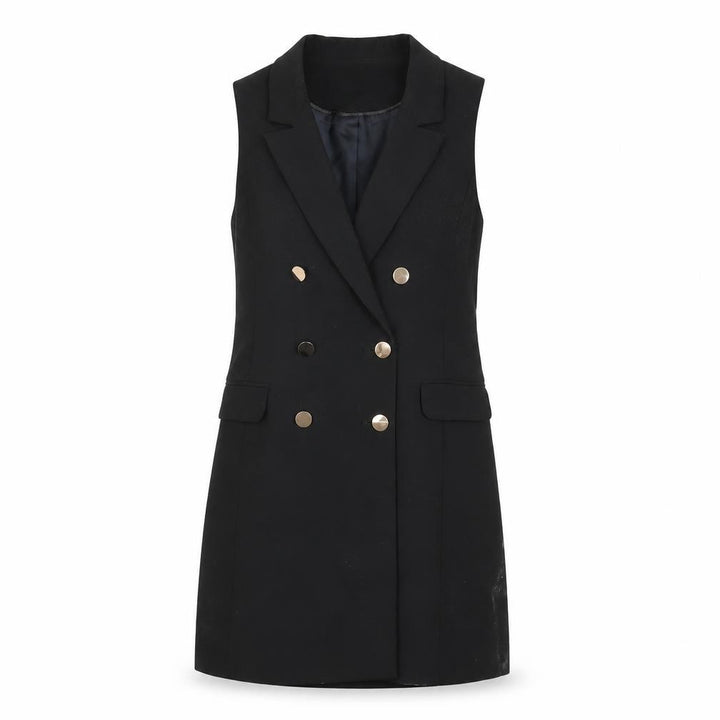 Front view of Topshop Women Black Jacket Dress, size 8, Button Sleeveless