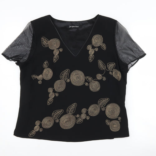 Jacques Vert Women's Black Embroidered V-Neck Blouse Size 16