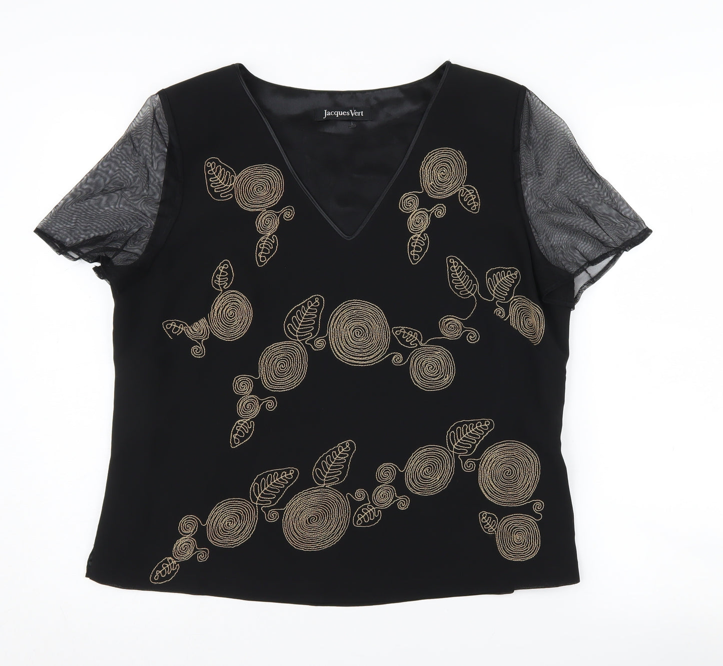 Jacques Vert Women's Black Embroidered V-Neck Blouse Size 16
