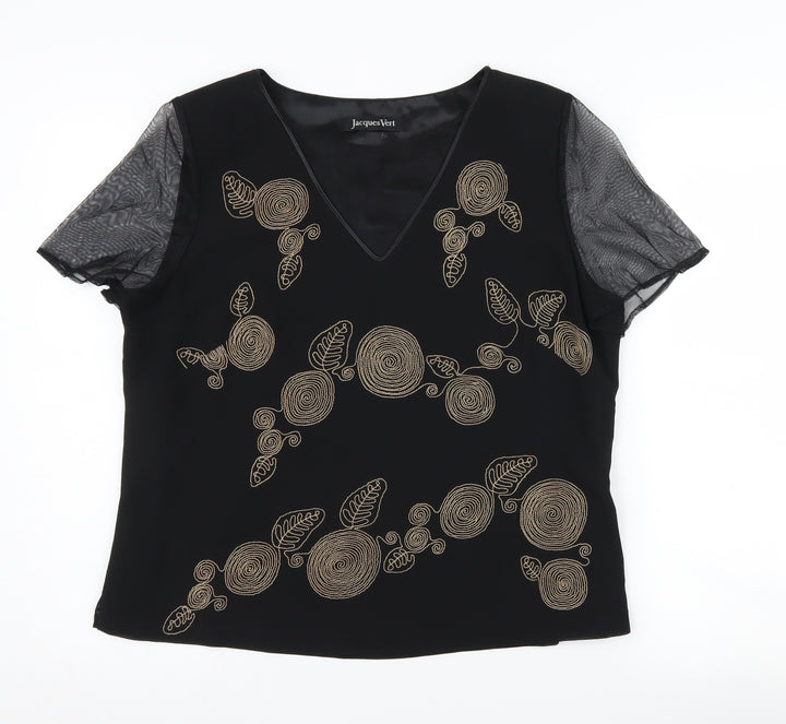 Jacques Vert Women's Black Embroidered V-Neck Blouse Size 16