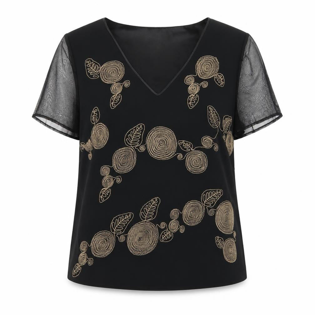 Front view of Jacques Vert Women's Black Embroidered V-Neck Blouse, size 16