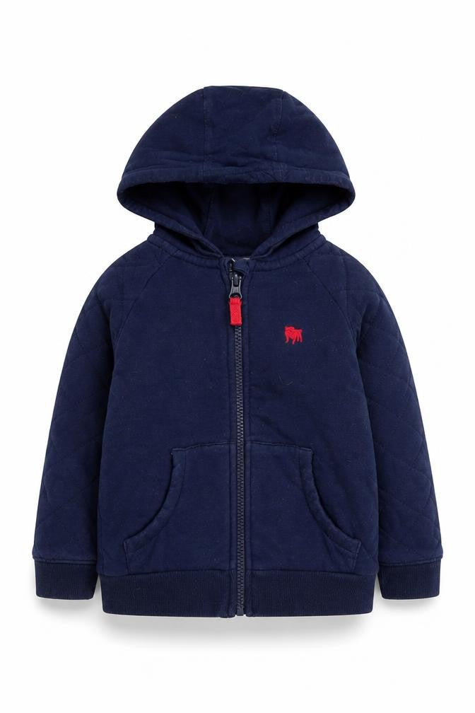 Front view of Junior J boys’ blue full zip hoodie 2-3 years, logo accent
