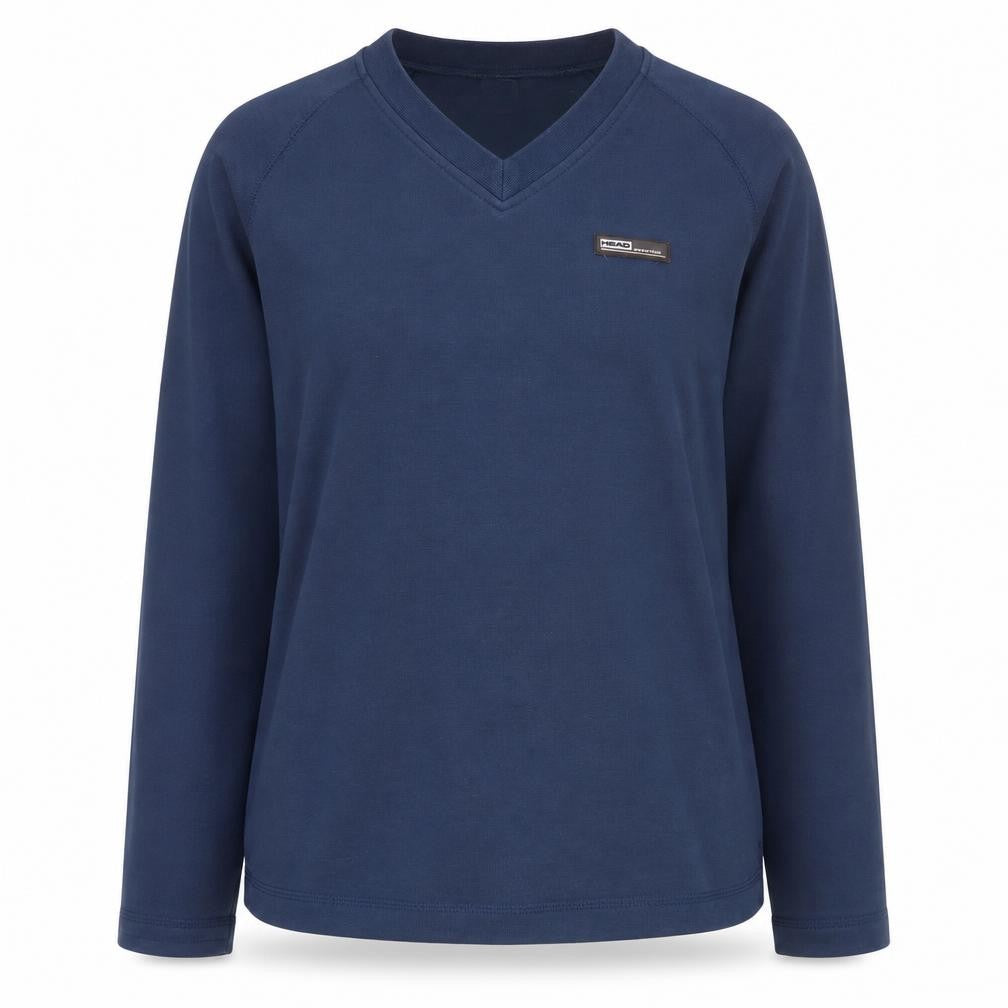 Front view of HEAD Women's Blue V-Neck Long Sleeve T-Shirt
