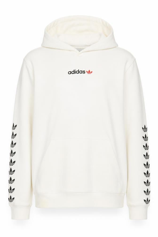 Front view of Adidas boys’' ivory logo pullover hoodie, size 16, casual style