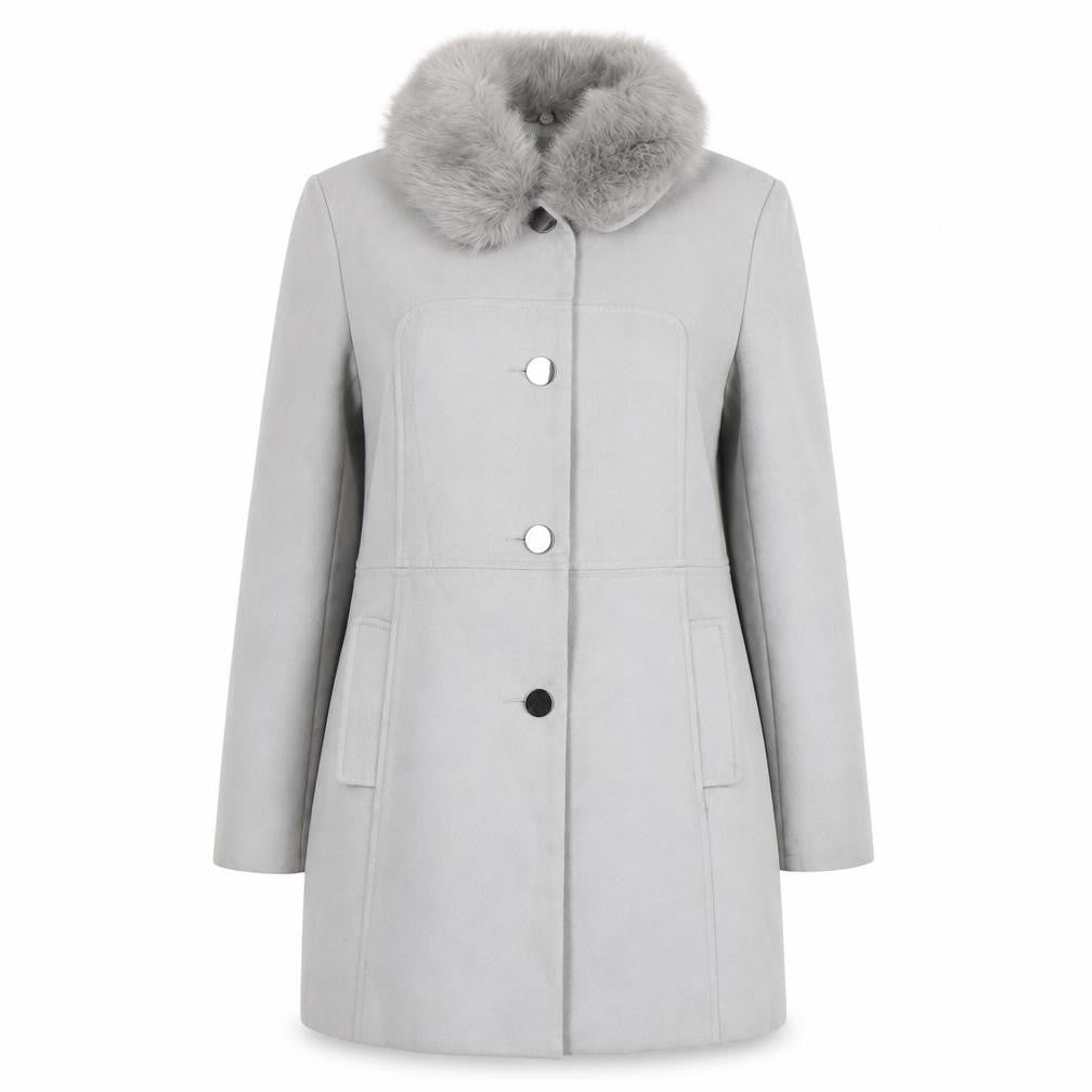 Front view of Oasis Women's Grey Fur Trim Mid-Length Coat L