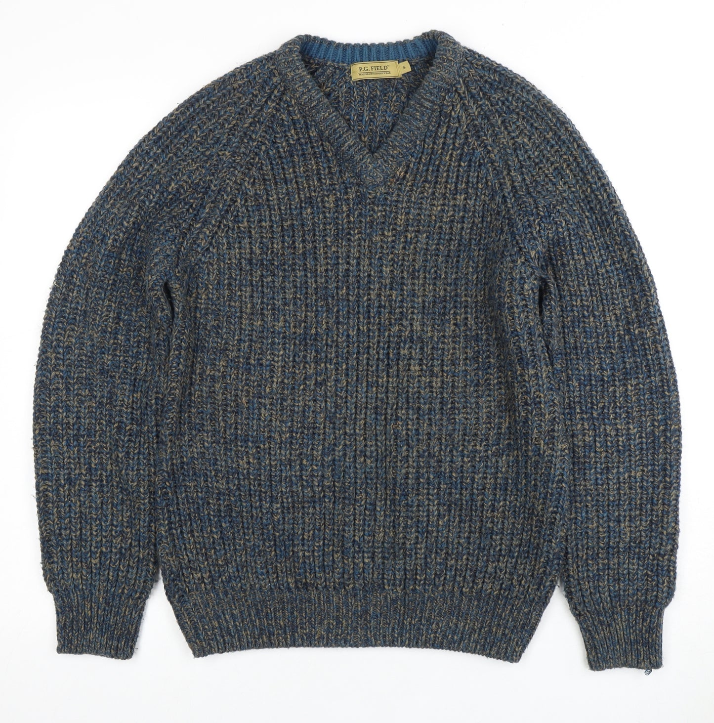 P.G. Field Men's Blue Chunky-Knit V-Neck Jumper S