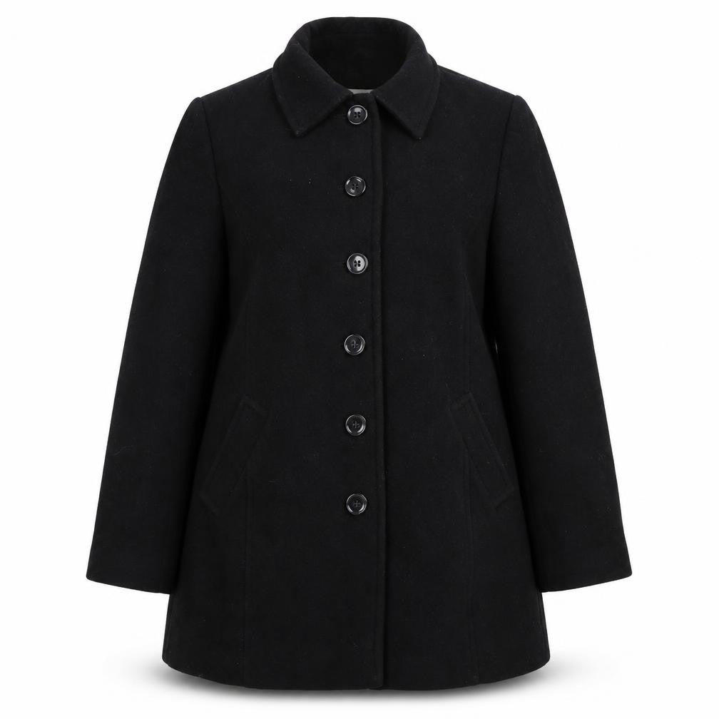 Front view of EWM Women's Black Wool Overcoat, size 12, Classic