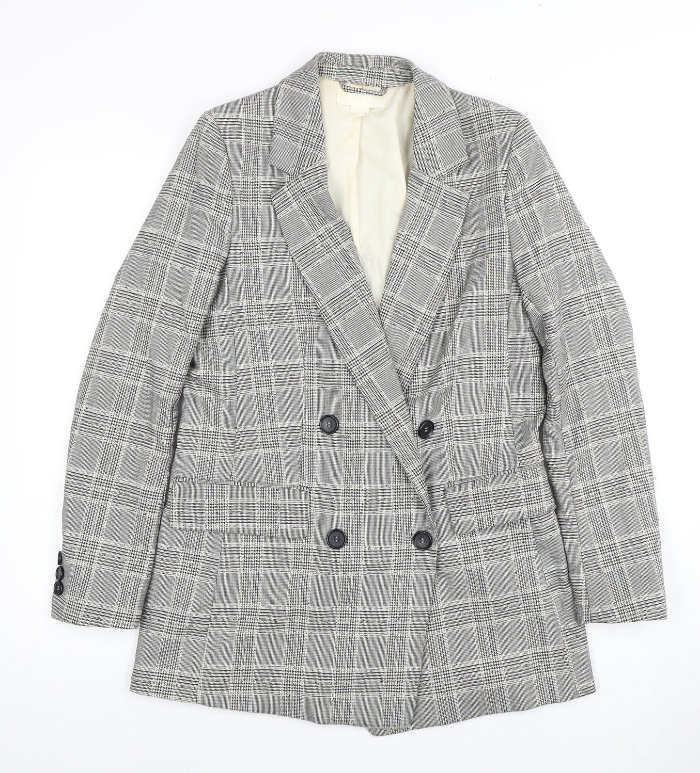 H&M Women's Grey Plaid Double-Breasted Blazer - Size 8