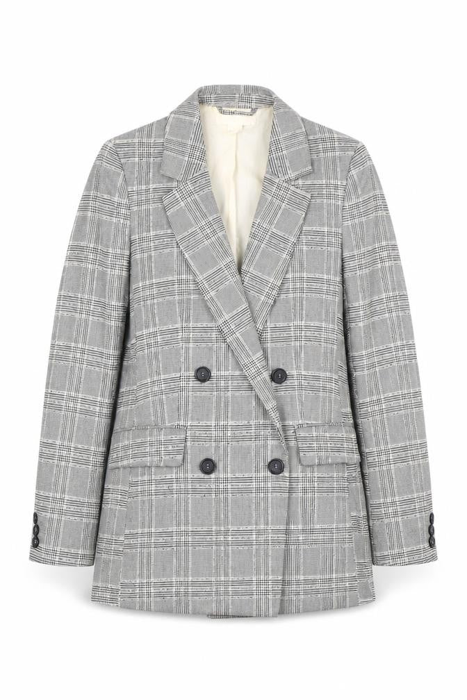 Front view of H&M Women's Grey Plaid Double-Breasted Blazer -, size 8