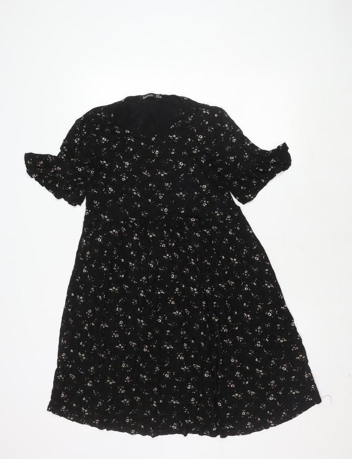 Boohoo Women's Black Floral A-Line Dress Size 10