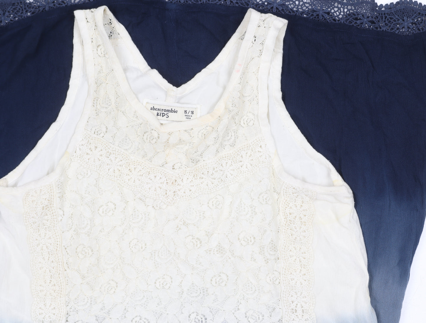 Abercrombie Kids Girls White Blue A-Line Dress Lace Detail