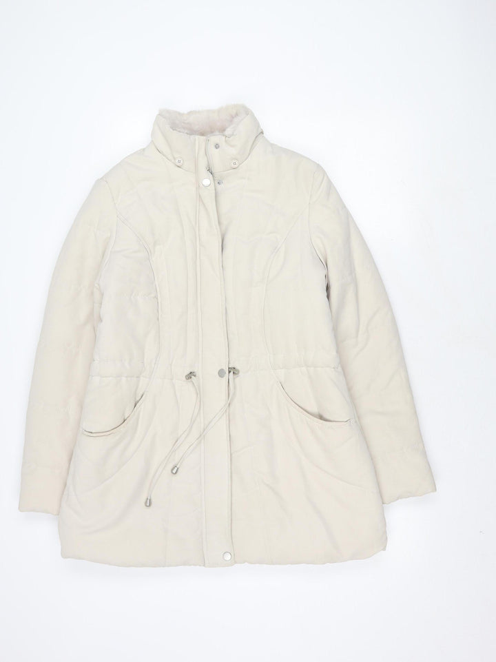 BHS Women's White Puffer Jacket with Fur Trim Size 14