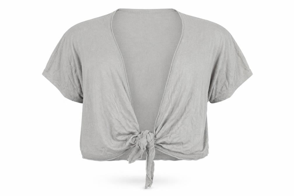 Front view of Laura Ashley Women's Grey Shrug, size 12, Short Sleeve