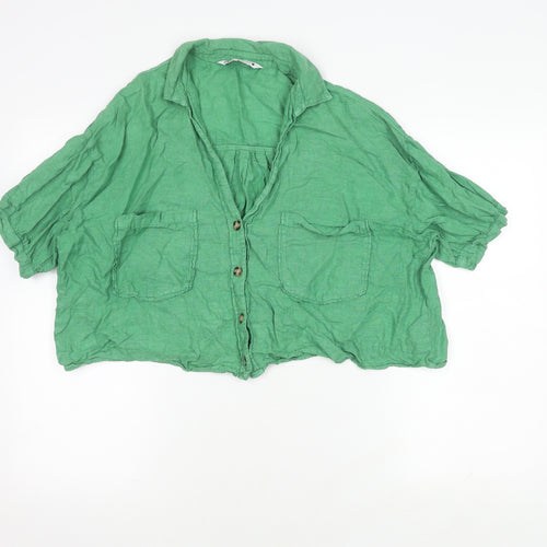 Zara Women's Green Linen Button-Up Shirt L