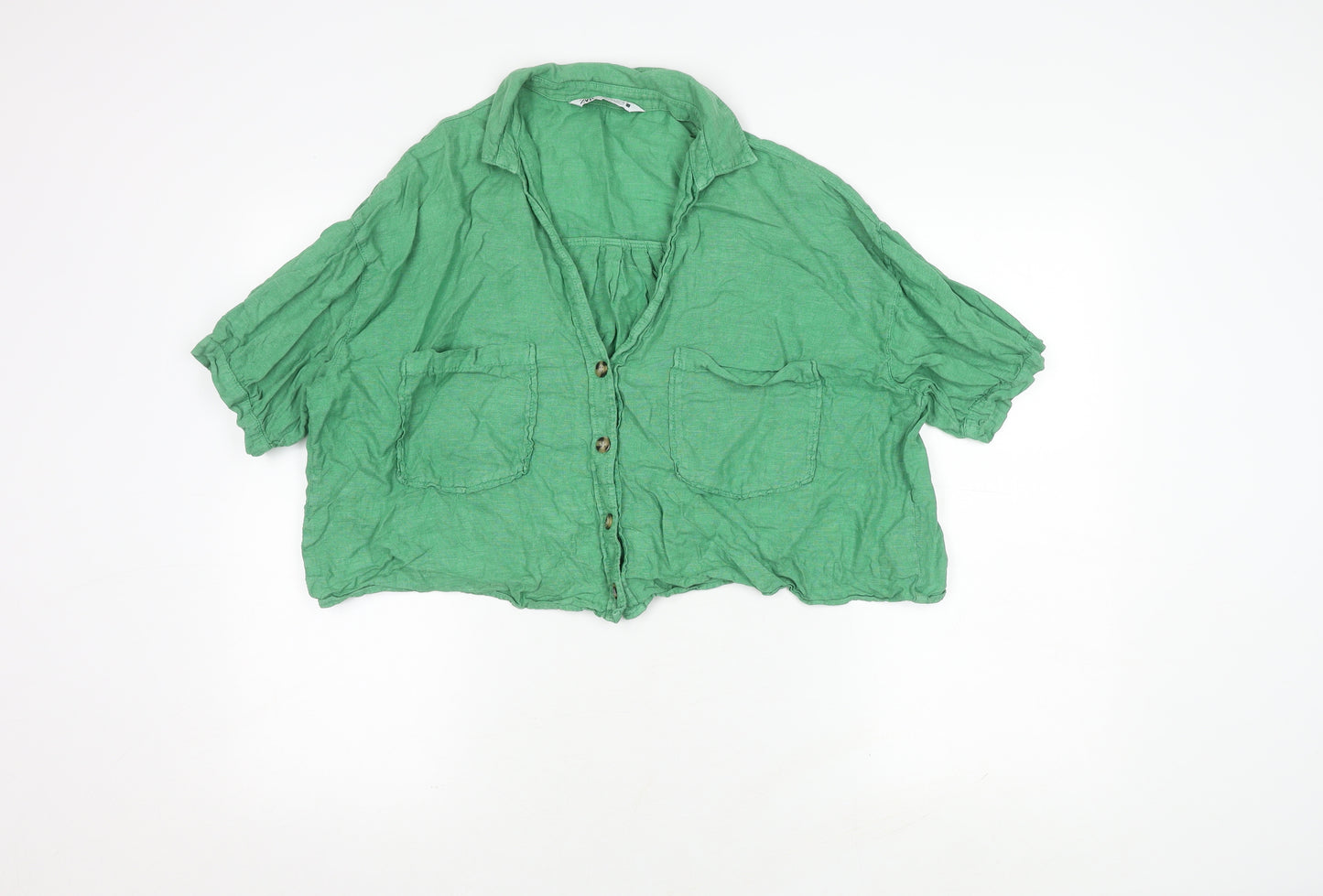 Zara Women's Green Linen Button-Up Shirt L
