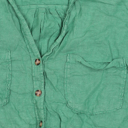 Zara Women's Green Linen Button-Up Shirt L