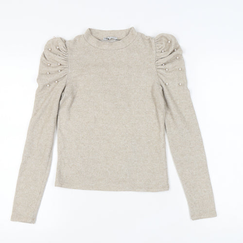 Zara Women's Beige Pullover, Size 8, Puff Sleeve
