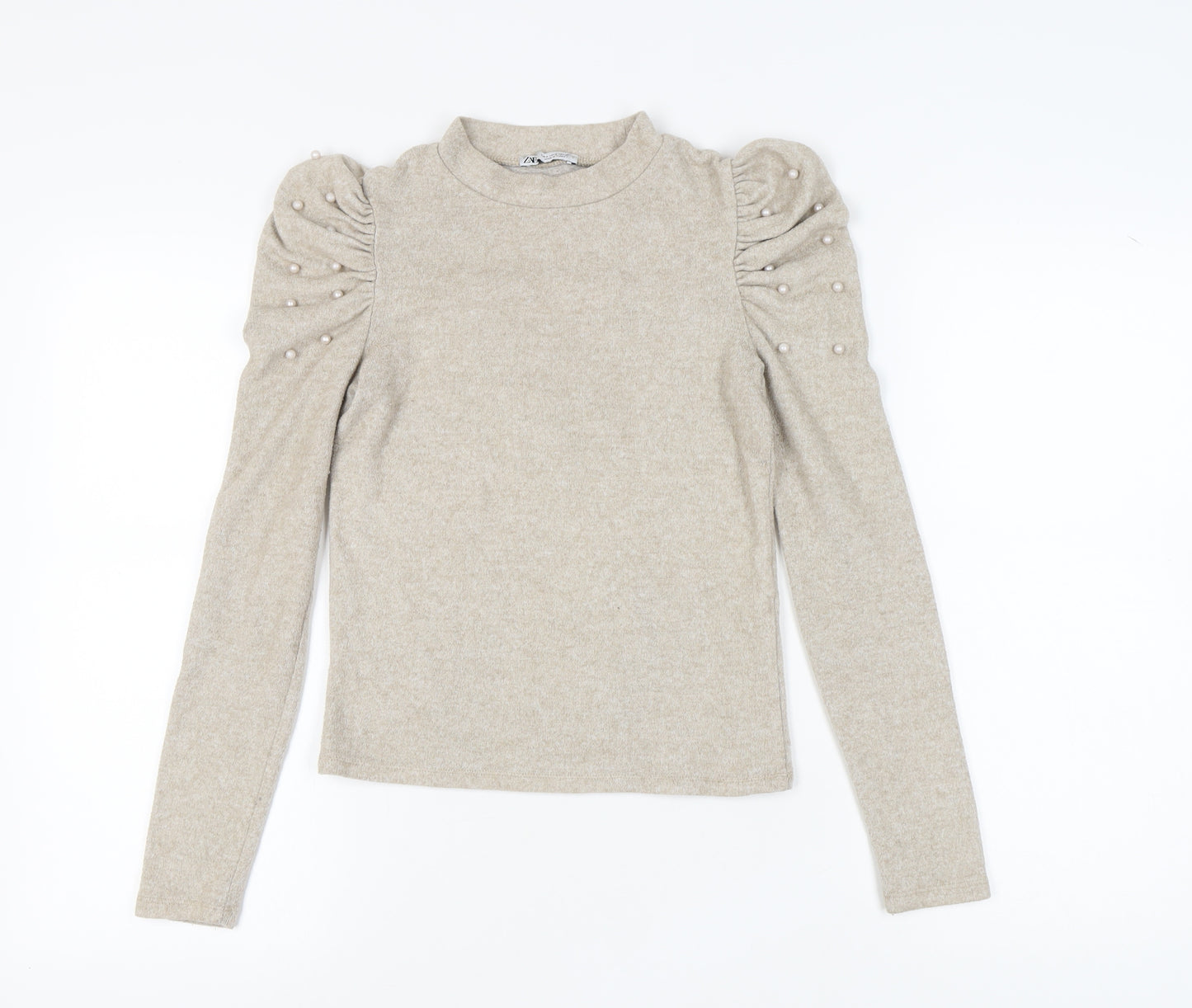Zara Women's Beige Pullover, Size 8, Puff Sleeve