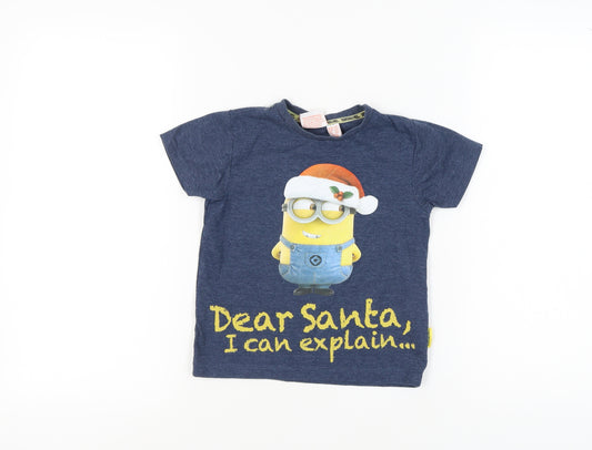 Front view of Despicable Me Kids Blue Minions Christmas T-Shirt 5-6Y