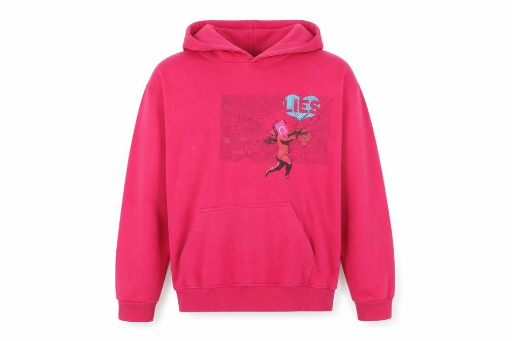 Front view of Little White Lies Pink XL unisex pullover hoodie