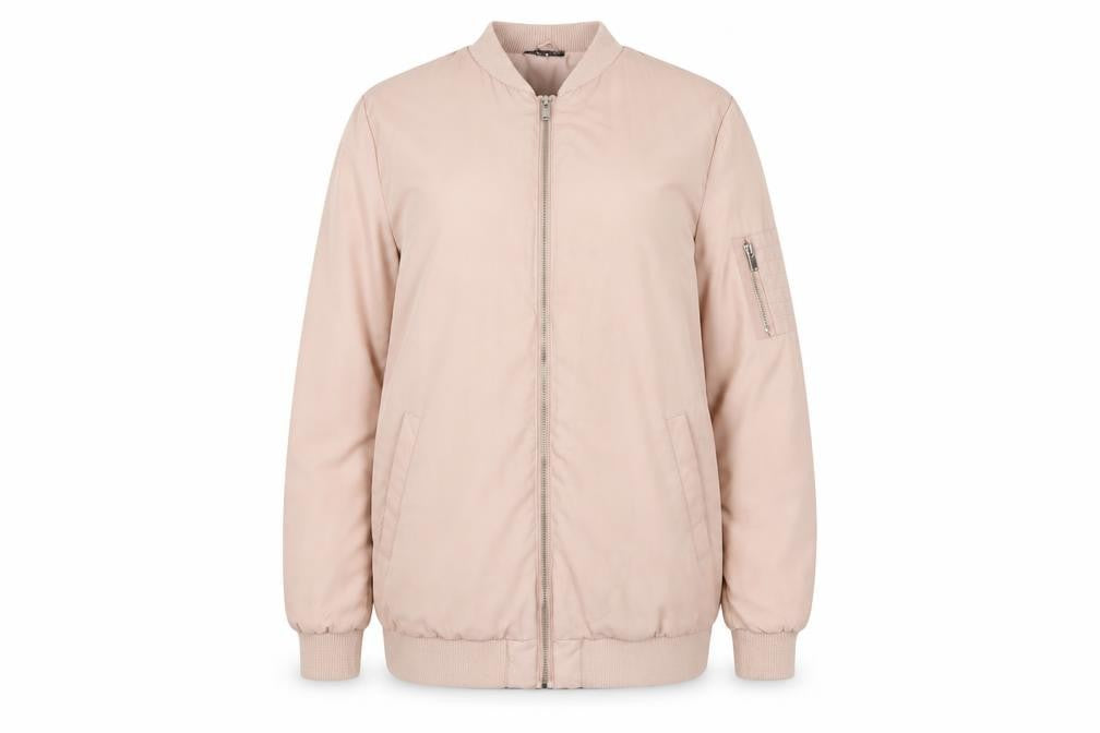 Front view of Miss Selfridge Women's Beige Bomber Jacket, size 12