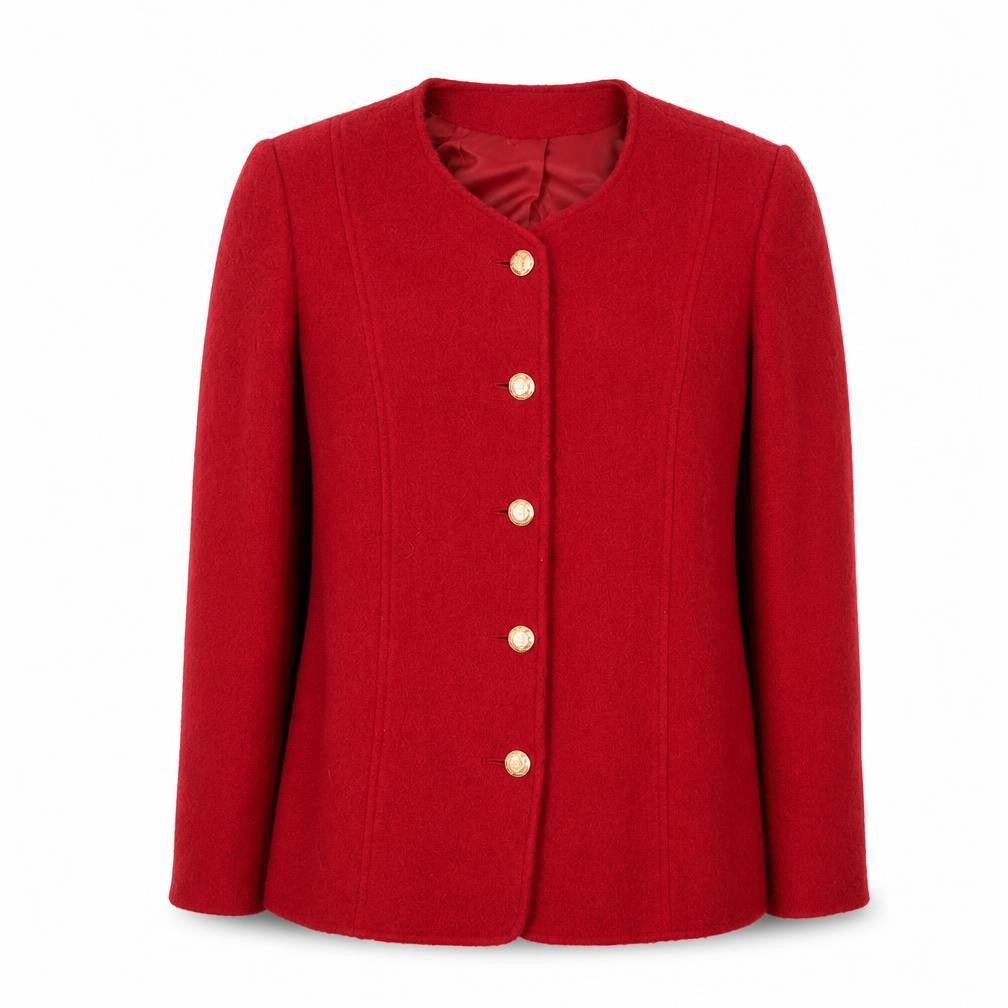 Front view of Eastex Women's Red Wool Jacket, size 14, Buttoned