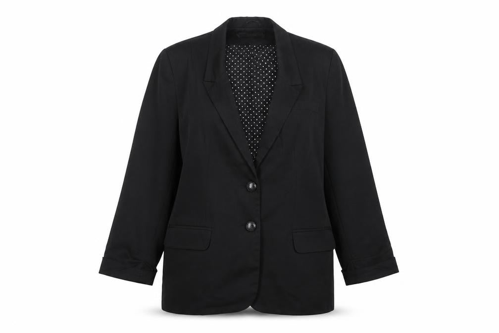 Front view of Dorothy Perkins Black Blazer, Women, size 12, Polka Dot