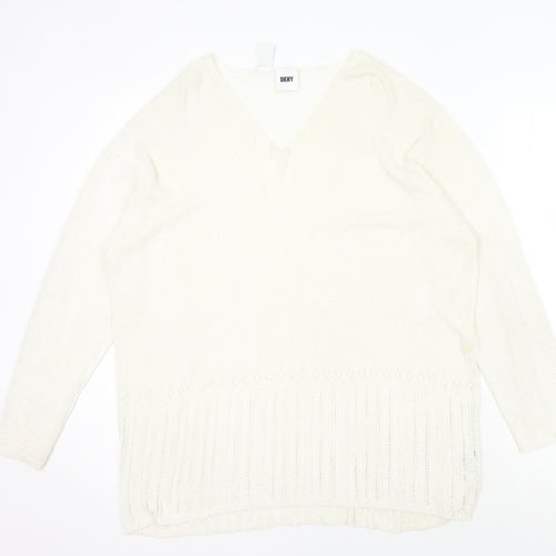 DKNY Women's Ivory V-Neck Pullover Jumper L