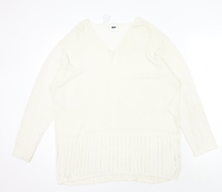 DKNY Women's Ivory V-Neck Pullover Jumper L