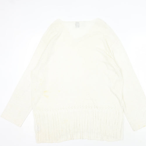 DKNY Women's Ivory V-Neck Pullover Jumper L