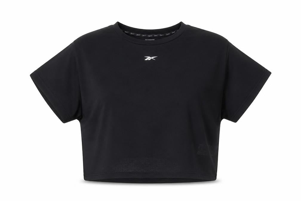 Front view of Reebok Women's Black Gym Tee - Large, Moisture Wicking