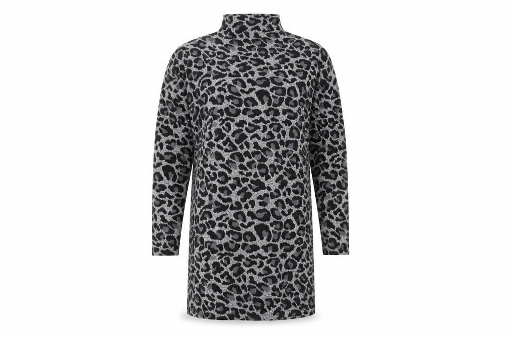 Front view of Oasis Women's Grey Animal Print High Neck Shift Dress M