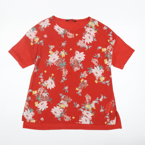 Stradivarius Women's Red Floral T-Shirt, Size S, Viscose