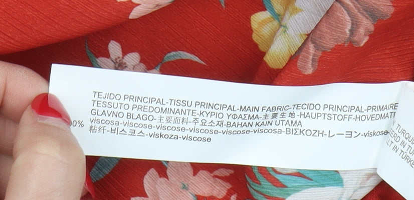 Stradivarius Women's Red Floral T-Shirt, Size S, Viscose