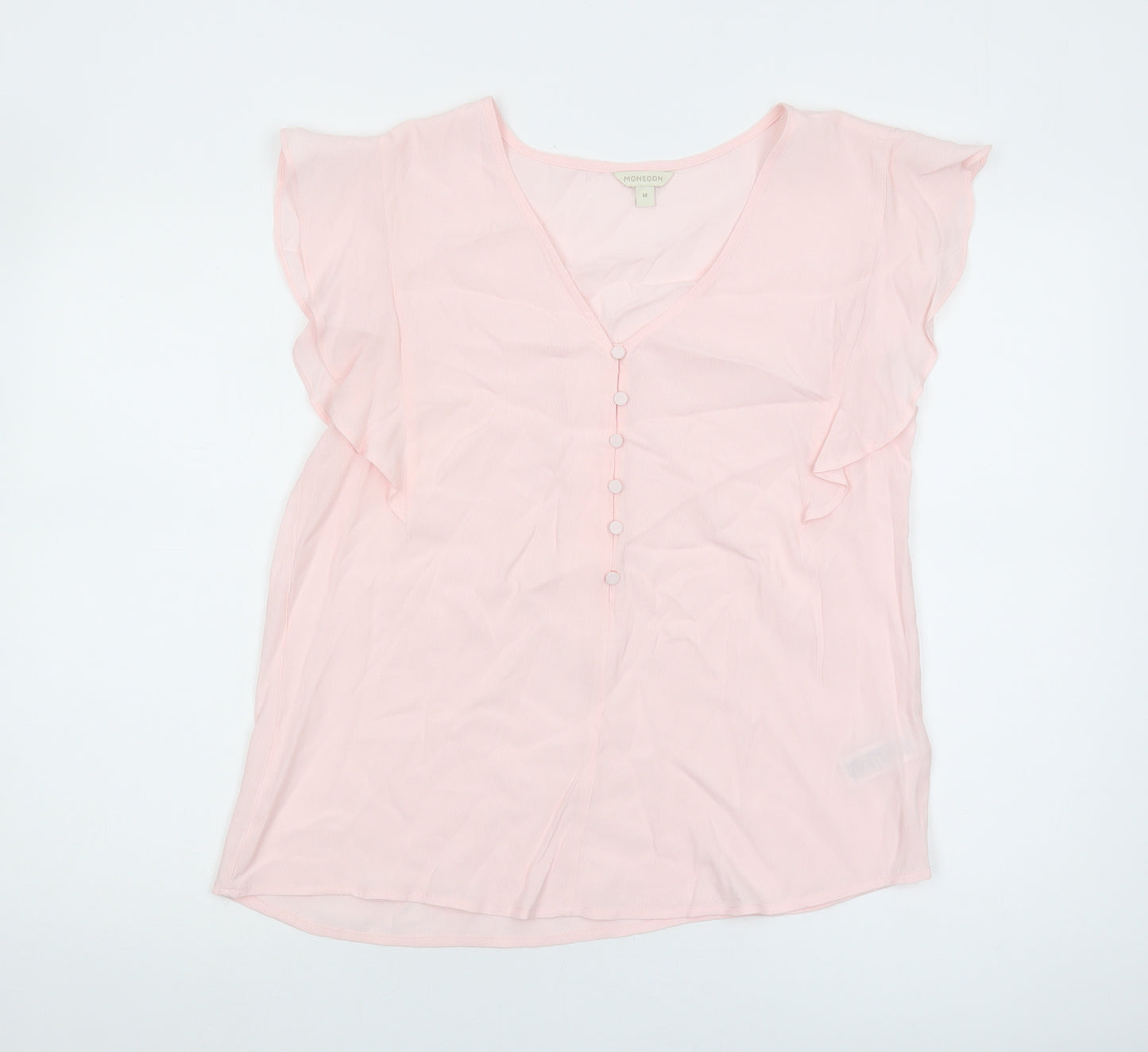 Monsoon Women's Pink Chiffon Blouse, M, V-Neck, Flutter Sleeve