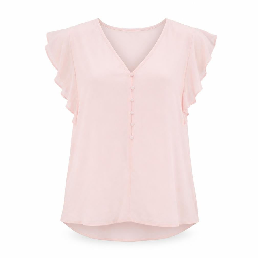 Front view of Monsoon Women's Pink Chiffon Blouse, M, V-Neck, Flutter Sleeve