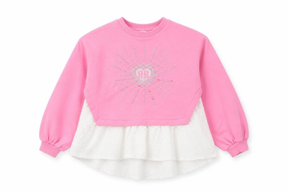 Front view of River Island girls’ pink rhinestone sweatshirt 7-8y casual pullover